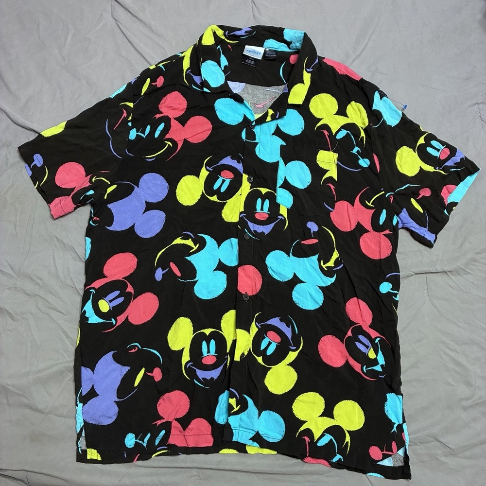 Disney Hawaiian Shirt Mickey Mouse Neon AOP Camp Button-Up Mens XXL Retro